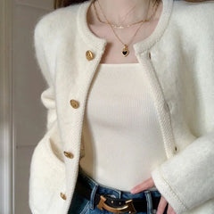 Hnewly Soft White Sweater Elegant O-Neck Single Breasted Versatile Coat New Women's Autumn/Winter Comfortable Knitted Cardigan