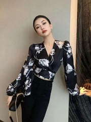 Hnewly Women's Blouse Sexy Asymmetrical Cool Floral Beautiful Top Ruffle Chiffon Trends Satin Shirt Woman Youth Casual
