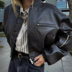 Hnewly Lapel Cotton Leather Jacket Woman Short Retro Zipper Cardigan PU Jacket Solid Spring New female High Street Outwaer