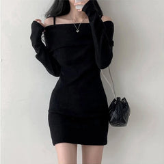 Hnewly Y2K Women Knitted Mini Dress Korean Sexy Off Shoulder Female Dress Spring New Spaghetti Strap Long Sleeve Ladies Vestidos