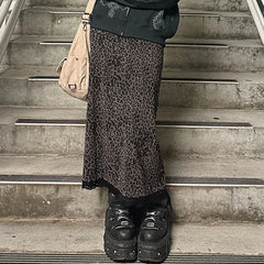 Hnewly Harajuku Leopard Print Midi Skirt Vintage y2k Lace PAtchwork Low Rise Long Skirts for Women Autumn All-match Skirt Ladies