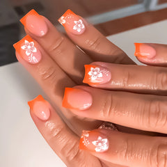 Hnewly Black French Style Fake Nails Charms Pink Flower Designs Square Head Press on Nails Women Girls Detachable False Nails Tips