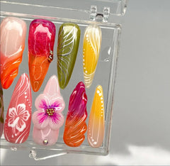 Hnewly Handmade 3D Stick on Nails, Gel Blush, Bloody Plaid, Diamond Ball, Manicure Armor, Press on Nails, Spring, Summer