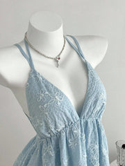 Lunivop Elamini Women's Blue Textured Floral Deep V-Neck Spaghetti Strap Backless Ruffle Dress, Sexy & Alluring For Beach Vacation In