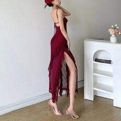 Hnewly DRESS TO IMPRESS New Sexy Backless Lace-up Sling Dresses Summer High Waist Women's Dress Solid Slim Fashion Slash Neck Ruffled Midi Dress