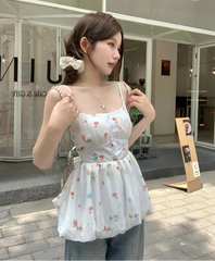 Hnewly Woman Camis Floral Printed Slash Neck Summer Fashion Slim Sweet Elegant Female Casual Tank Tops French Style Chic