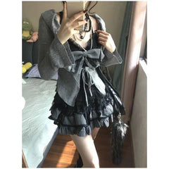 Hnewly new trend inspo Japanese Kawaii Lolita Sweet 3 Piece Set Women Bow Y2k Slim Vest +Casual Cardigan + High Waist Thin Striped Chic Skirt Autumn
