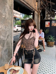 Hnewly 2000s Vintage Leopard Vest Women Casual Y2k Crop Tops Sexy Female Outwear Summer Korean Fashion Elegant Tank Tops Blouse Shirt