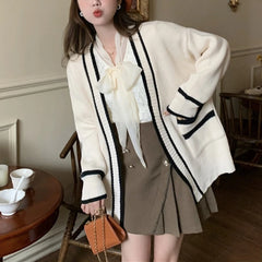 Hnewly Varsity Cardigan Sweater for Women Open Front Slouchy Knitted Sweater Jacket Cardi Collaege Student Girl Fall Winter Outfit