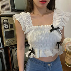 Hnewly Bow Temperament Chiffon Women's New Fashionable Flying Sleeve Pleated Top