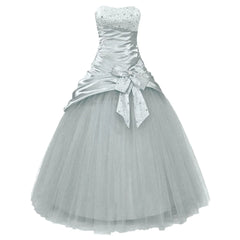 Hnewly Elegant Strapless Beading Crystal Bow Tulle Satin Ball Gown Evening Dress Sweep Train Floor Length Prom Dress Party Gowns