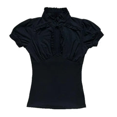 Lunivop Chic Euramerican Vintage Fashion Stand Collar Pleated T Shirts Y2k Aesthetic Harajuku Solid Punk Clothes Slim Fit Draped Shirt