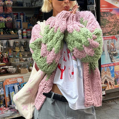 Hnewly Stripe Pattern Cropped Cardigans Vintage Lantern Sleeves Knitted Sweater Aesthetic Y2k Knitwear Coat Women Autumn Outwear Street