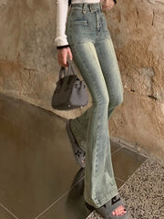 Hnewly Pockets Vintage High Waist Skinny Jeans Female Hong Kong Style Denim Bell Bottom Pants Spicy Girl Blue Oversized Boot Cut Jeans
