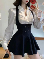 Hnewly 2025 spring fashion trend Korean Women Cropped Coat Long Sleeve Shirt High Waist Halter Ruffles Mini Dress Chic Fashion Sexy Outfits Y2K 3 Piece Set New