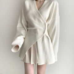 Hnewly 2025 spring fashion trend Autumn New Grey Casual Knitted Suits Sexy 2 Piece Skirt Set Woman Elegant Y2k Crop Tops + High Waist Slim Mini Skirt Korean