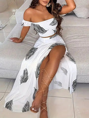 Hnewly Bohemian Two-piece Set Women's Off-shoulder Elastic Solid Color Vest With feather Print High Waist Slit Skirt Set