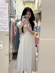 Hnewly Woman Dress Puff Short Sleeve Lace Up French Style Chic Summer Fashion Temperament Elegant Party Dresses Female Casual