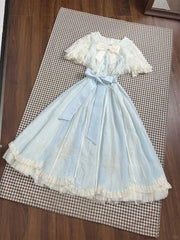 Hnewly Summer New Sweet Lace Cape Patchwork Dress Design Elegant Bow Slim Thin Dresses Women France Fashion Long Princess Dress