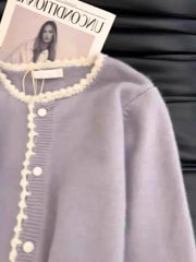 Hnewly Soft Purple Sweater Cardigan Sweet Lace Edge O-neck Single Breasted Top Spring Autumn New Korean Long Sleeved Loose Kniter