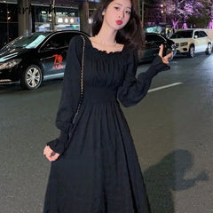 Hnewly DRESS TO IMPRESS Dress Women Gentle Vintage Pure Chic Long-sleeve Folds Square Collar A-line Autumn Dating Vestidos Defined Aesthetic OOTD