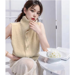Hnewly Button Up Sweater Vest for Women Soft Comfy High Neck Sleeveless Knit Vest Slouchy Knitwear Female Autumn Winter Casual Outfit