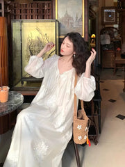 Hnewly French Vintage Midi Dress Women Casual Long Sleeve Elegant Dress Beach Style Even Party Clothing Korean Fashion Chic