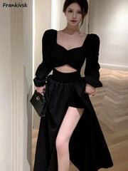 Hnewly DRESS TO IMPRESS Dress Women Gentle Vintage Pure Chic Long-sleeve Folds Square Collar A-line Autumn Dating Vestidos Defined Aesthetic OOTD