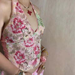 Hnewly Sequin Halter Tops y2k Women Clothes Floral Sleeveless V Neck Open Back Smocked T Shirts Vest 2000s Clothing Streetwear