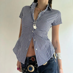 Hnewly y2k Plaid Print Women Blouse Vintage 2000s Short Sleeve Button Up Cropped Top Casual Streetwear Summer T-shirts Aesthetic