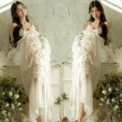 Hnewly Women Maternity Dress for Photoshoot Lady White Elegant Lace Perseptive Long Dress Clothing for Studio Photography Shooting