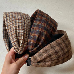 Hnewly 1pc High-Quality Brown Woolen Thickened Fabric Hairband - Orange-Toned Retro Plaid Extra-Wide Style for Autumn & Winter, Hairban