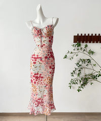 Hnewly Summer Women Spaghetti Strap Maxi Dress Spaghetti Strap French Vintage Frock One-Piece Evening Party Robe Boho Style New