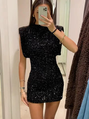 Sequin Mini Dress For Women Elegant O Neck Fly Sleeve Shiny Short Robe Female Y2k Chic Christmas Evening Party Vestidos
