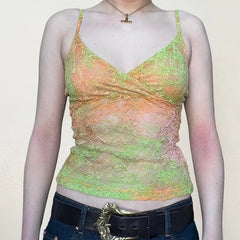 Hnewly y2k Lace Tie Dye Camis Chic Slim-fitting Cropped Top for Women Vintage 90s Mini Vest Summer Holiday Sexy Transparent Tees
