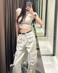 Hnewly Fashion Pantalon New Bottoms Streetwear Y2k Cargo Pants High Waist Straight Pockets Casual Trousers Women Clothing