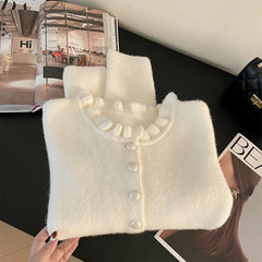 Hnewly Sweet Ruffles Women Cardigan Autumn New Solid Single-Breasted Crop Sweater Korean Fashion Simple Elegant Knit Coats Mujer