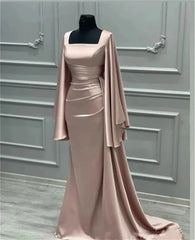 Hnewly Elegant Square Neck Satin Full Sleeves Mermaid Simple Formal Evening Dresses Court Train Prom Dresses Party Dresses