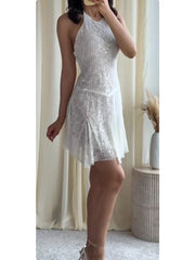 Hnewly Women Sexy Lace Mini Halter Dress Chic Solid Sleeveless Backless Sequin A-line Slim Fit Dresses New Ladies Party Vestidos