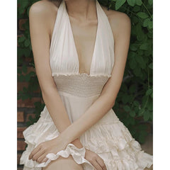 Hnewly Korean Style Sexy Beach V-neck Dress Summer Y2K Charming Backless Handling Neck Dress Swimming Pool Party Mini Dresses