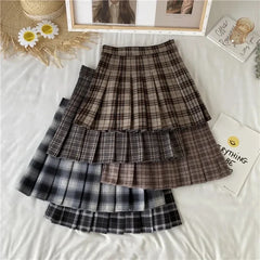 Hnewly Plaid Pleated Skirt Women Japan Jk High Waist Thin A Line Short Skirt Female Sweet Preppy Style Woolen Mini Short Skirt