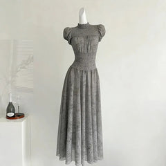Hnewly Half High Collar Vintage Printing Dresses Grunge Y2k Aesthetic A-Line Pleated Vestidos Harajuku Woman Puff Sleeve Dress