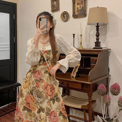 Hnewly Vintage Spring Autumn Oil painting Embroidery Long Woman French Floral Dress Lace Party Female Print Retro Elegant Fairy