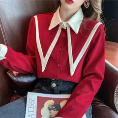 Hnewly Elegant Vintage Edge Piping Peaked Collar Shirts Women Spring Loose Puff Sleeve Blouses Simple Single Breasted Tops