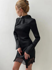 Hnewly Satin Lace Patchwork Dresses For Women Fashion Sexy Streetwear Solid Long Sleeves Sheath Turtle Neck Mini Vestidos Robes Female