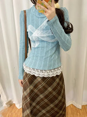 Hnewly Korean Style Y2k Knitted Pullover Women Bow Lace Long Sleeve Sweaters Harajuku Vintage Patchwork Knitwear Pullovers
