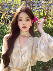 Hnewly Summer Casual Temperament Party Dress Long Sleeve Puff Sleeve V-Neck Yellow Floral Dress Vintage Slim Fit Korean Dress