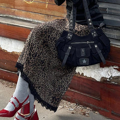 Hnewly Harajuku Leopard Print Midi Skirt Vintage y2k Lace PAtchwork Low Rise Long Skirts for Women Autumn All-match Skirt Ladies