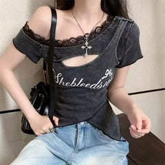 Hnewly Korean Chic Letter Print Women T Shirt Y2K Sexy Hot Girl Hollow Out Slim Crop Tops Summer Lace Patchwork Casual Tees Female
