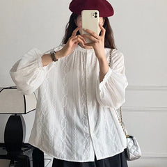 Hnewly White Floral Embroidery Shirts Women Spring Autumn Elegant Long Lantern Sleeve Blouses Woman O-Neck Single Breasted Female